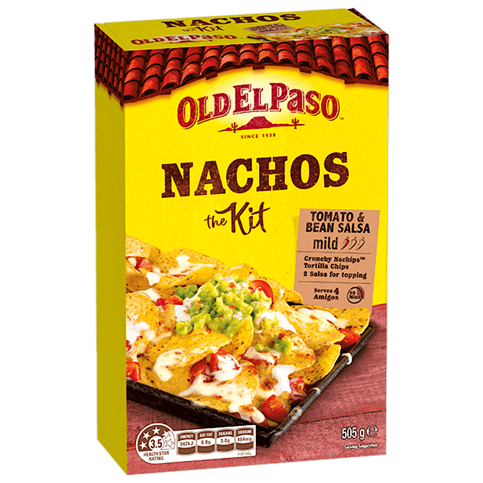 a pack of Old El Paso's mild tomato & bean salsa nachos kit containing nachips, tortilla chips & salsa for topping (505g)